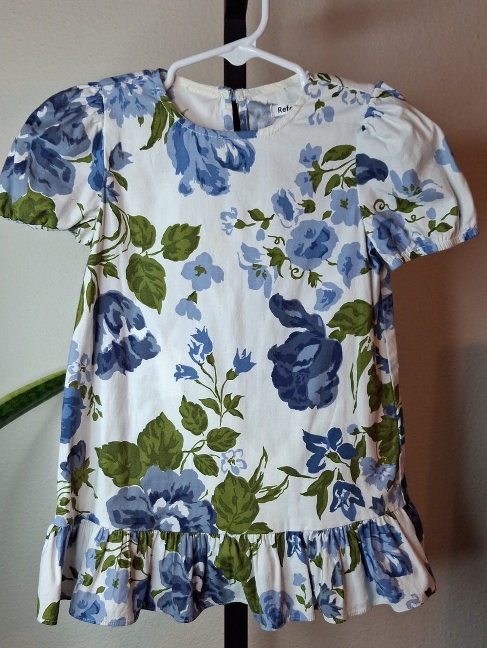 Reformation White Blue and Green Floral Ruffle Hem Dress - Girls